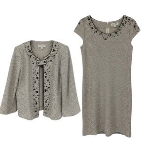 St. John Collection Knit Dress Suit Beige Embellished Jacket USA Made Size 14
